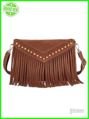 Faux Suede Fringe Crossbody Hobo Handbag with Tassels